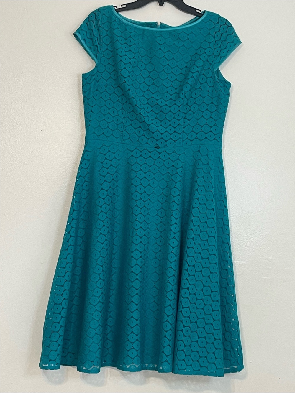 A-line Teal Lace-Overlay Fit & Flare Midi Dress Size 10